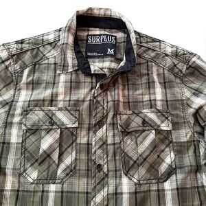 Surplus Men's Medium Casual Plaid Button Down Shirt - Olive and Tan